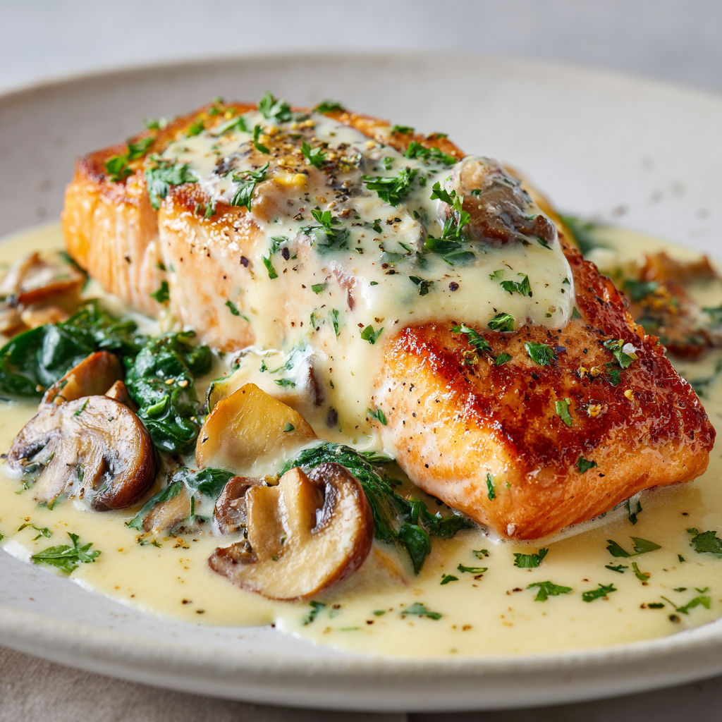 Un filet de saumon doré avec des champignons et des herbes frais, nappé d'une sauce onctueuse.