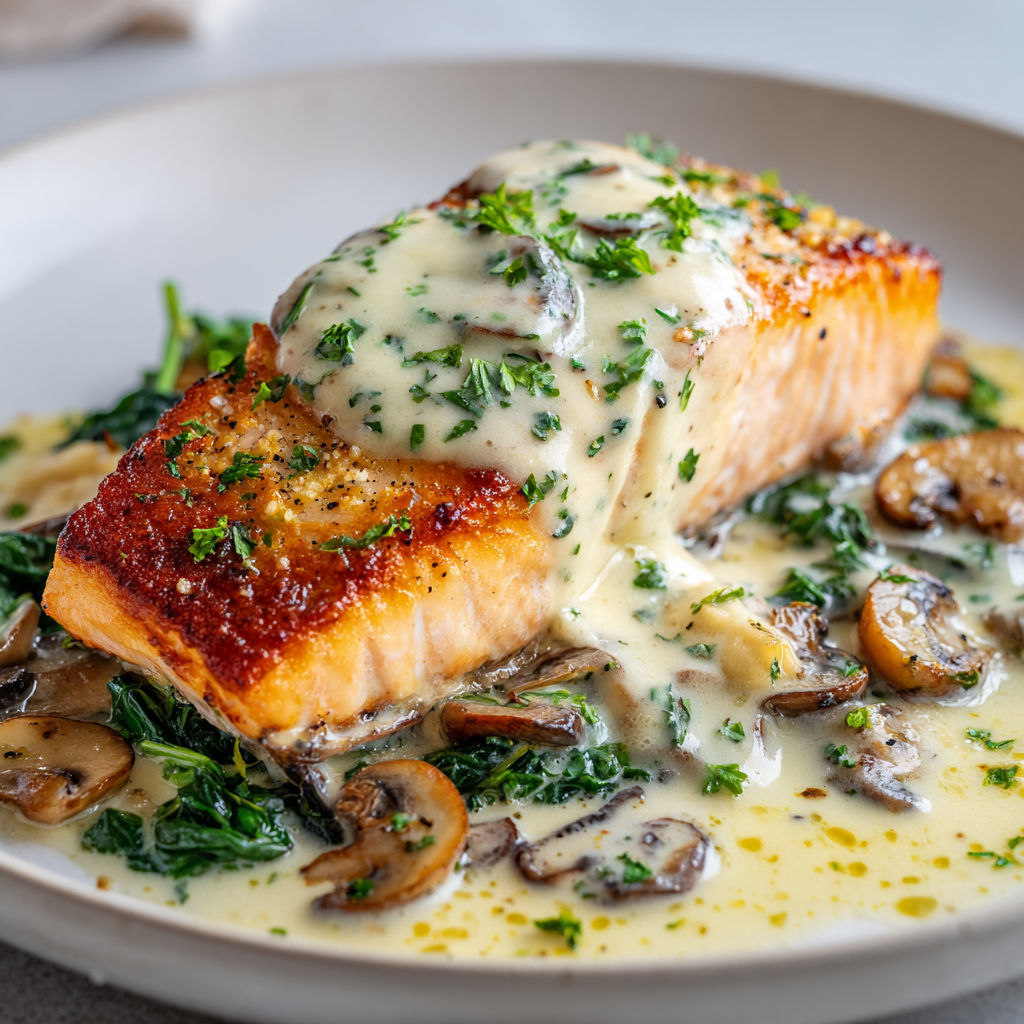 Du saumon doré avec des champignons savoureux et des herbes fraîches, nappé généreusement de sauce crémeuse.