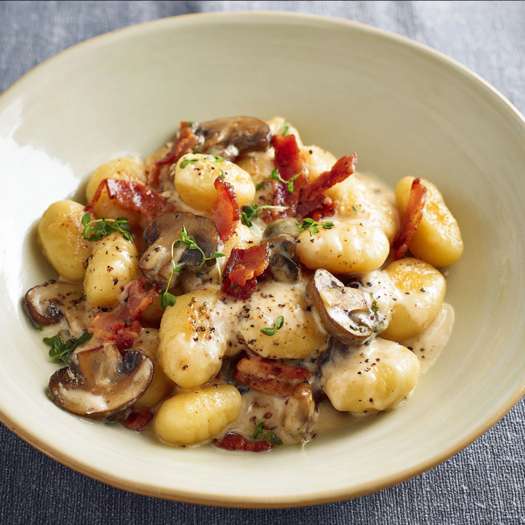 Un plat de gnocchis ultra crémeux au fromage, accompagné de champignons et bacon bien croustillants.