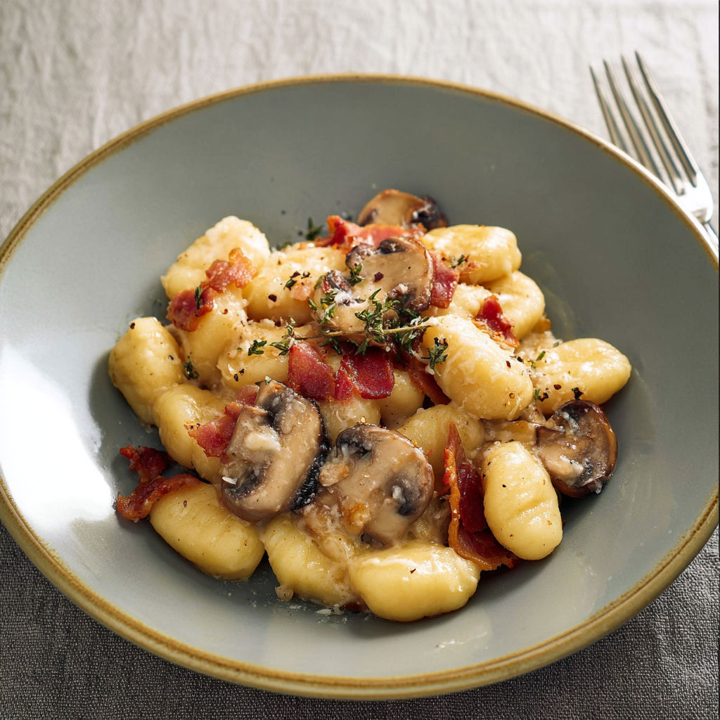 Une belle assiette de gnocchis au bacon et champignon, fourchette et cuillère à côté.
