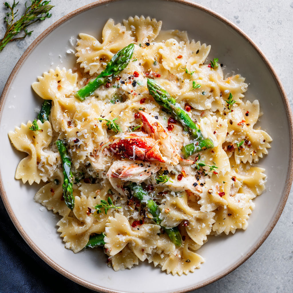 Un grand bol de macaroni aux crevettes et asperges, nappé de sauce crémeuse au fromage rehaussée d'une touche de paprika.