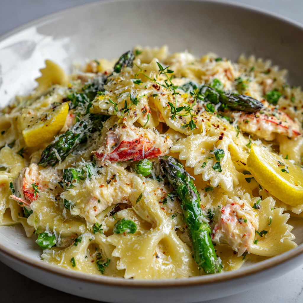 Des Penne à la crème de crabe et d'asperges servies dans une assiette profonde.