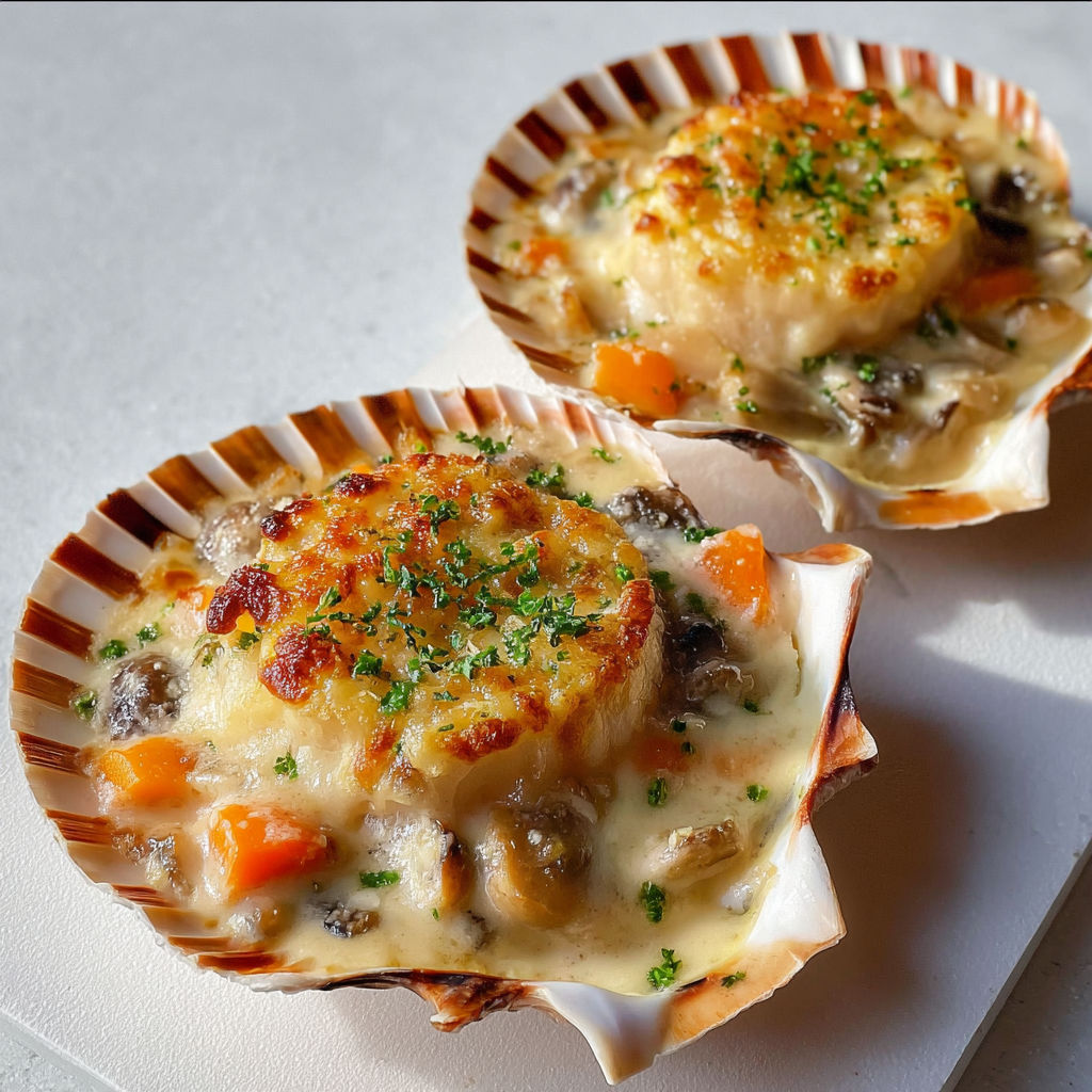 Gratin fondant de Saint-Jacques, légumes et champignons servi en deux portions sur plateau. Un vrai plaisir visuel et gourmand.