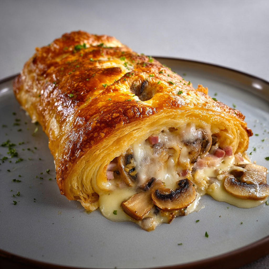 Feuilleté ultra croustillant aux champignons et jambon prêt à être partagé.