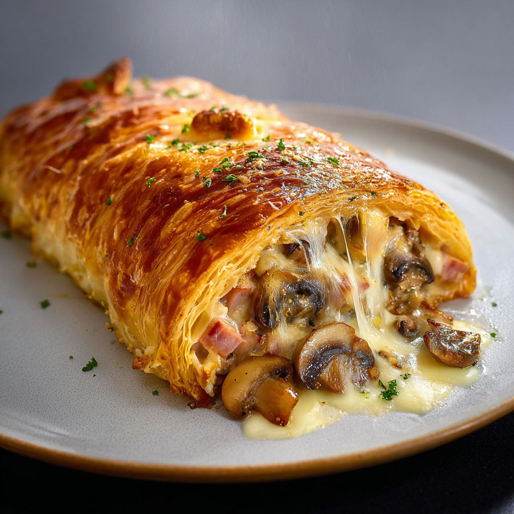Magnifique feuilleté rustique au jambon et champignons, prêt à déguster.
