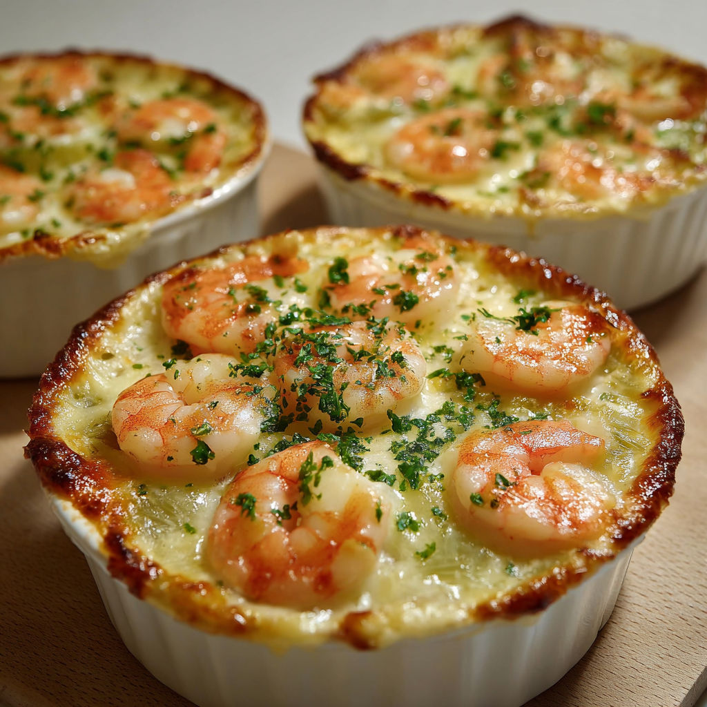 Cassolettes garnies de crevettes et poireaux avec une sauce bien onctueuse.