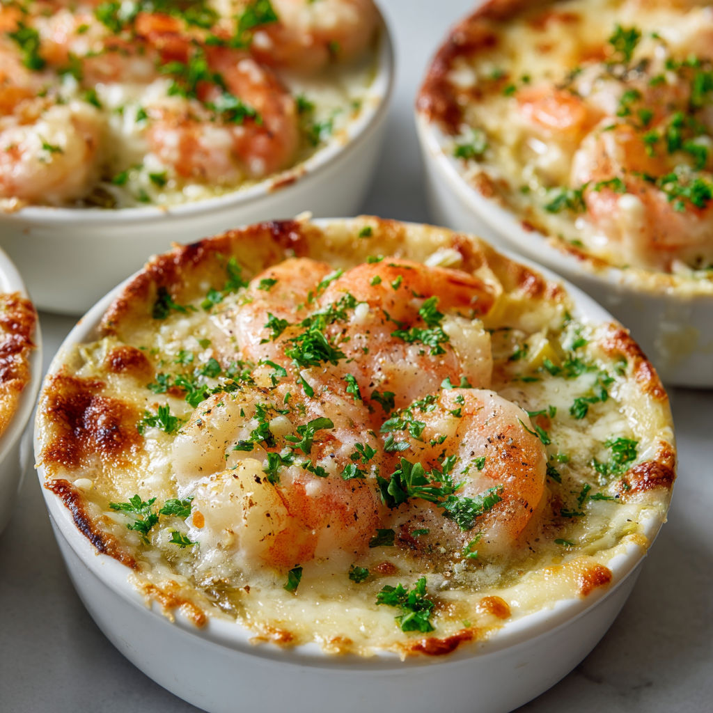 Cassolettes gourmandes de crevettes, poireaux, sauce crémeuse gratinée.