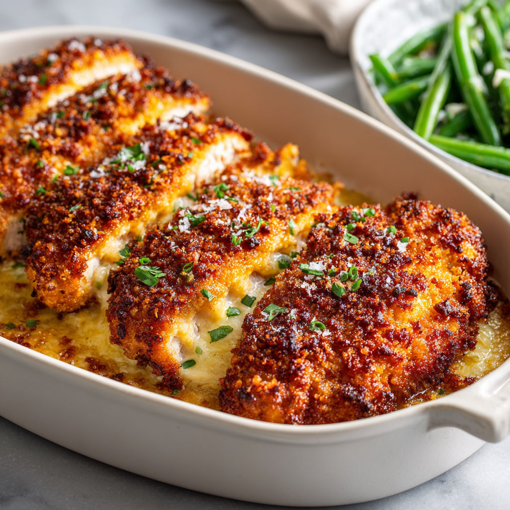 Un poulet tout doré au fromage parmesan qui sort du four dans un plat en verre.