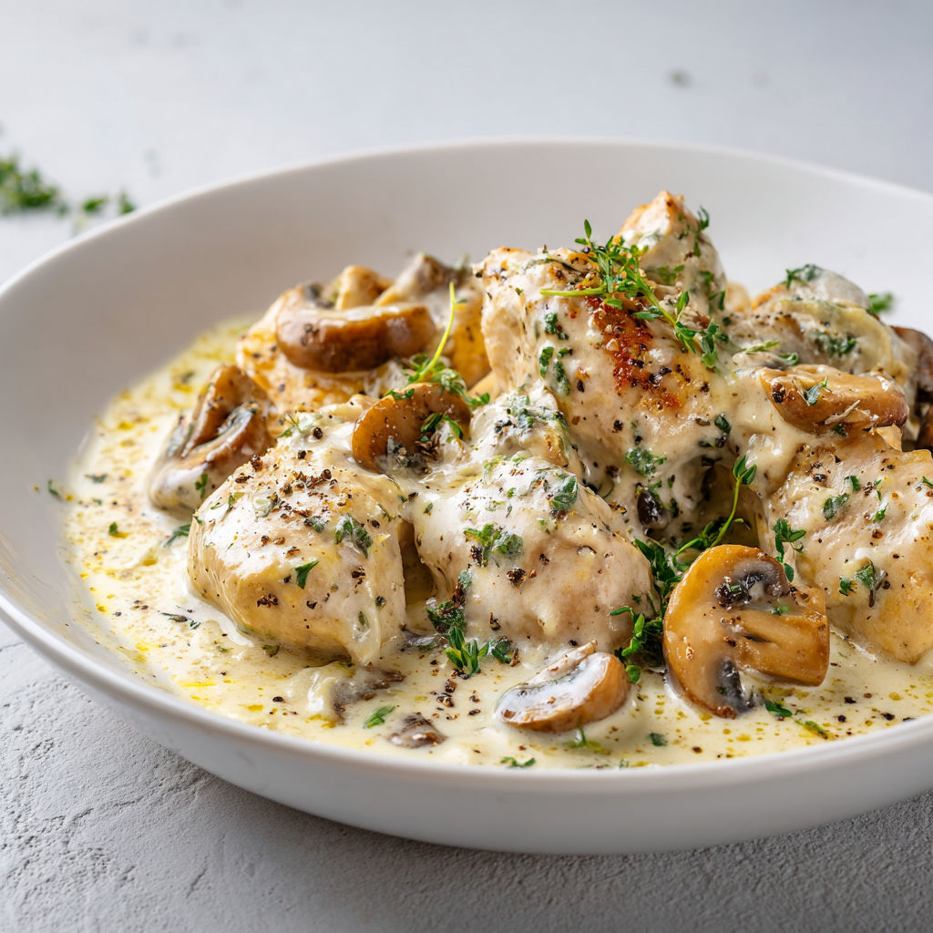 Une belle assiette de poulet doré, sauce crémeuse avec champignons et herbes.