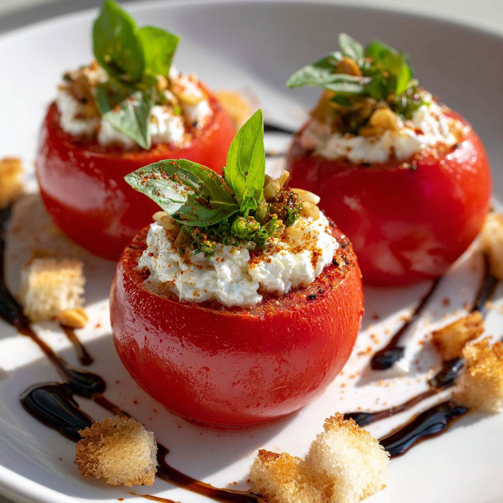 Tomates garnies de stracciatella sur un joli plateau, accompagnées de crostinis croustillants et d'herbes fraîches.