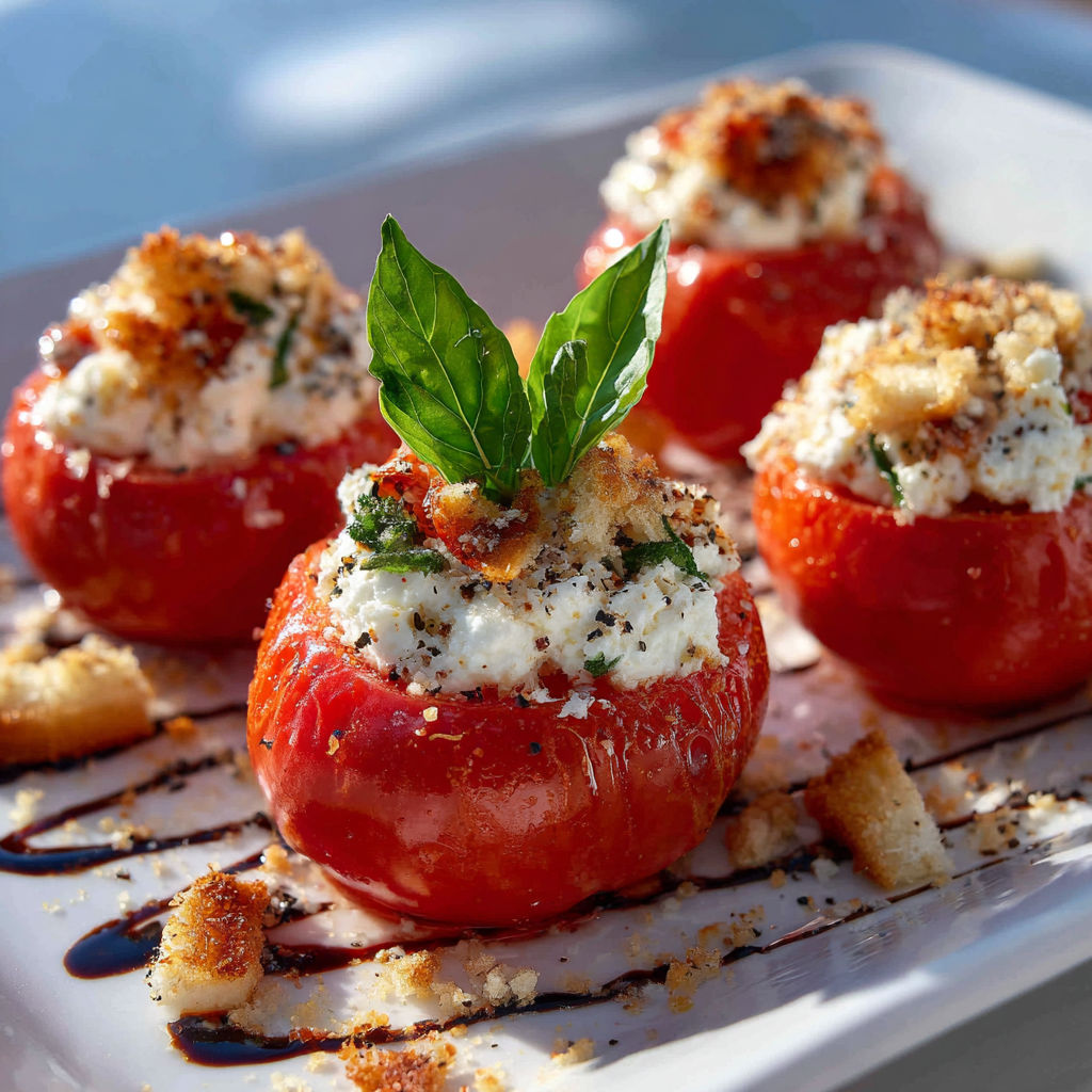 Tomates garnies aux herbes fraîches et morceaux de pain croustillant sur une assiette blanche.