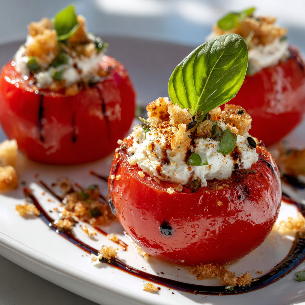 Tomates garnies aux herbes fraîches et morceaux de pain croustillant sur une assiette blanche.