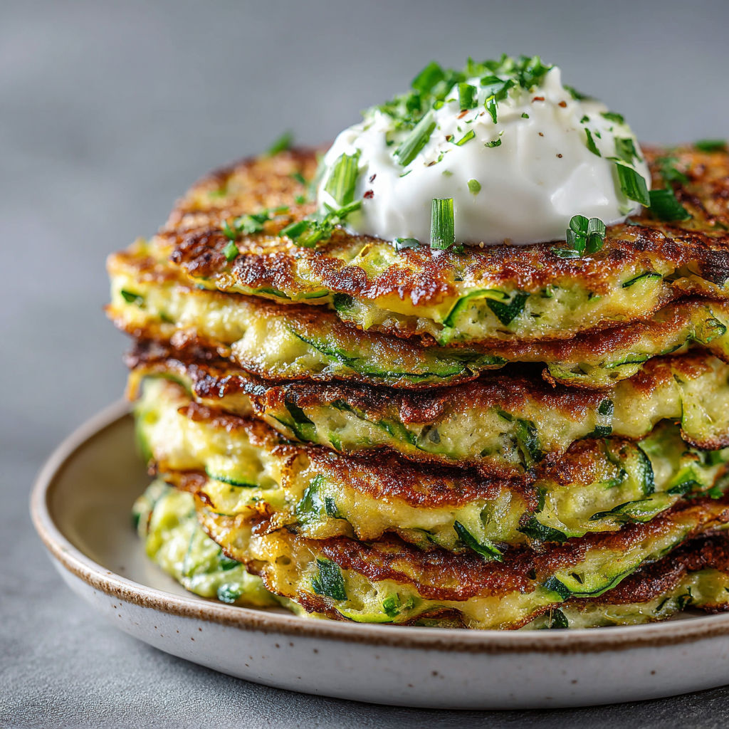 Des crêpes soufflées à la courgette empilées sur un plat.