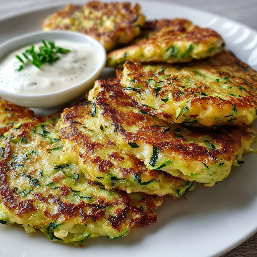 Un joli tas de galettes vertes posées sur un plateau, avec de la sauce blanche et des herbes fraîches.