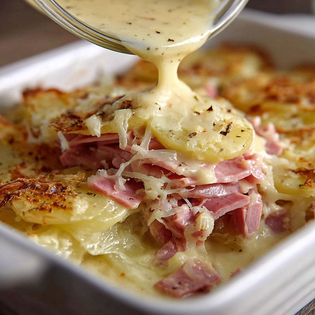Une belle casserole gratinée avec pommes de terre et lardons, bien dorée.