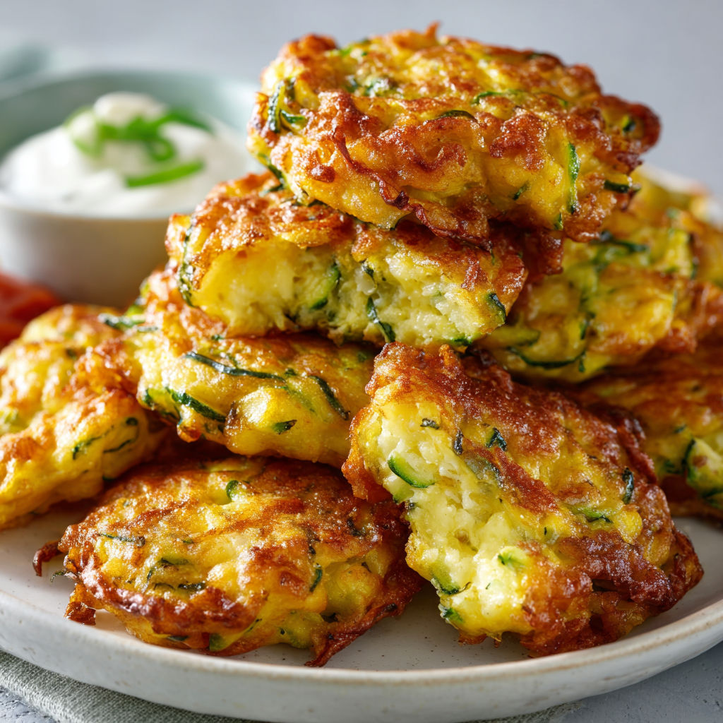 Beignets de courgettes à la cuillère, croustillants et dorés, servis sur une jolie assiette de porcelaine.