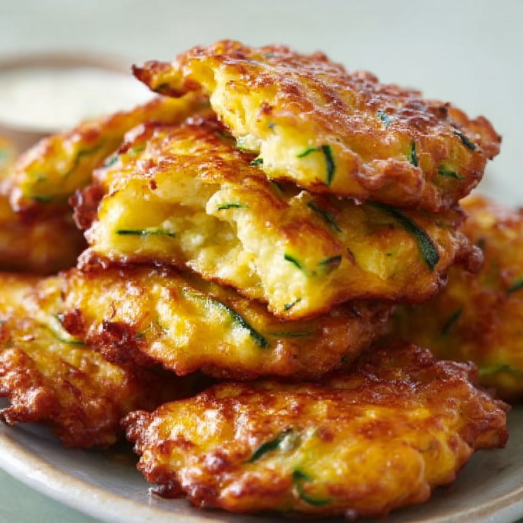 Beignets de courgettes à la cuillère, dorés et appétissants, sur une assiette.