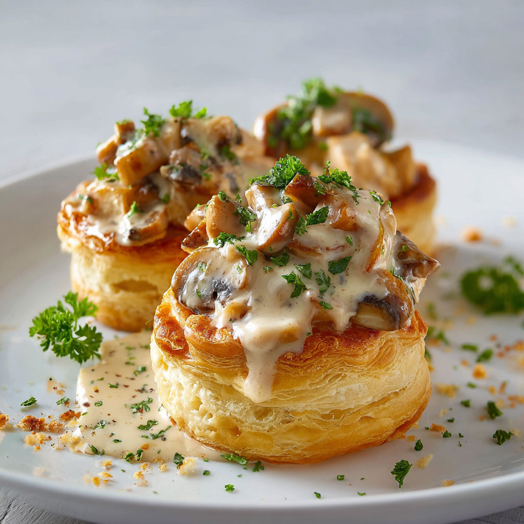 Un plat de tarte aux champignons servie sur une planche avec des herbes fraîches.