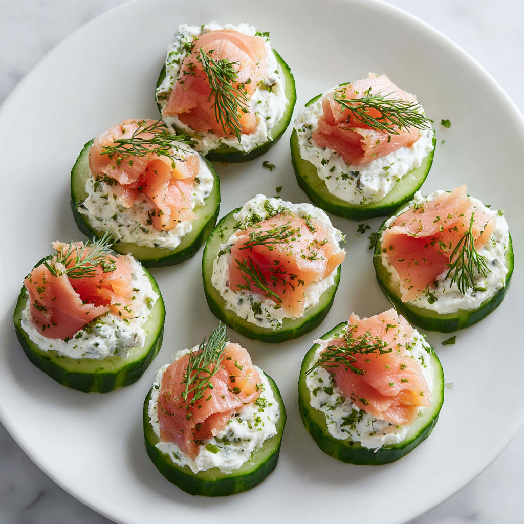 Assiette de concombres garnis de saumon et d’herbes fraîchement coupées.