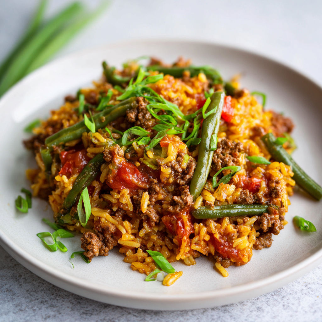 Une assiette de riz accompagnée de haricots verts et d’épinards.