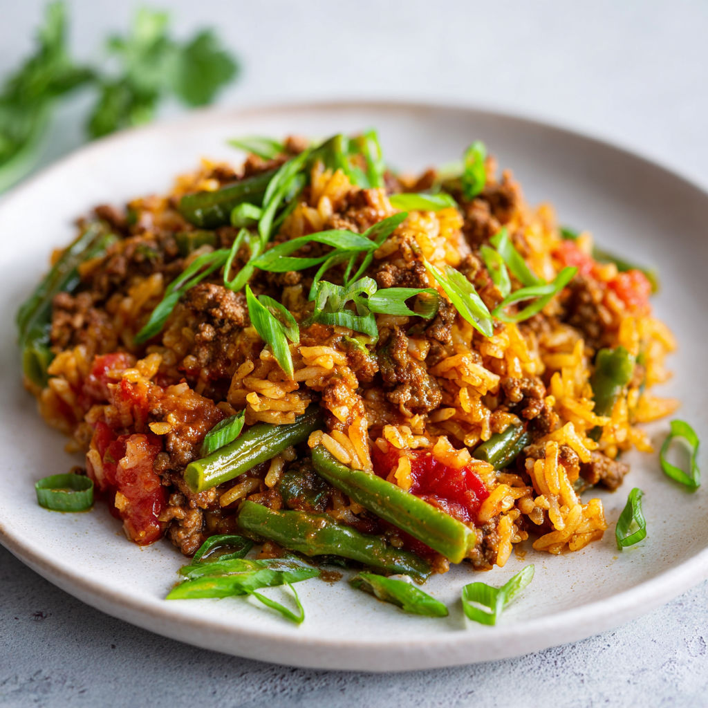 Un plat simple de riz garni de légumes verts servi sur plateau.