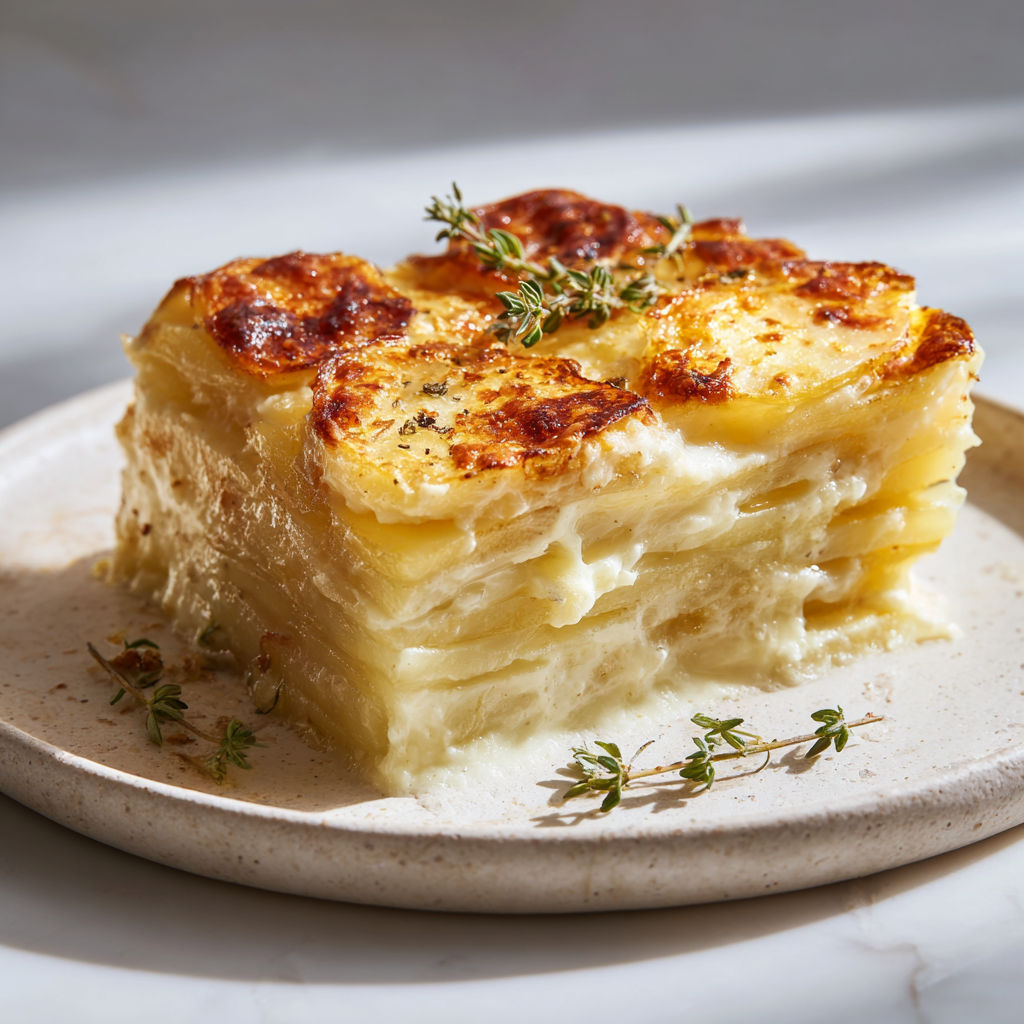 Un superbe gratin dauphinois doré à cœur, parsemé de petites herbes fraîches juste pour la touche finale.
