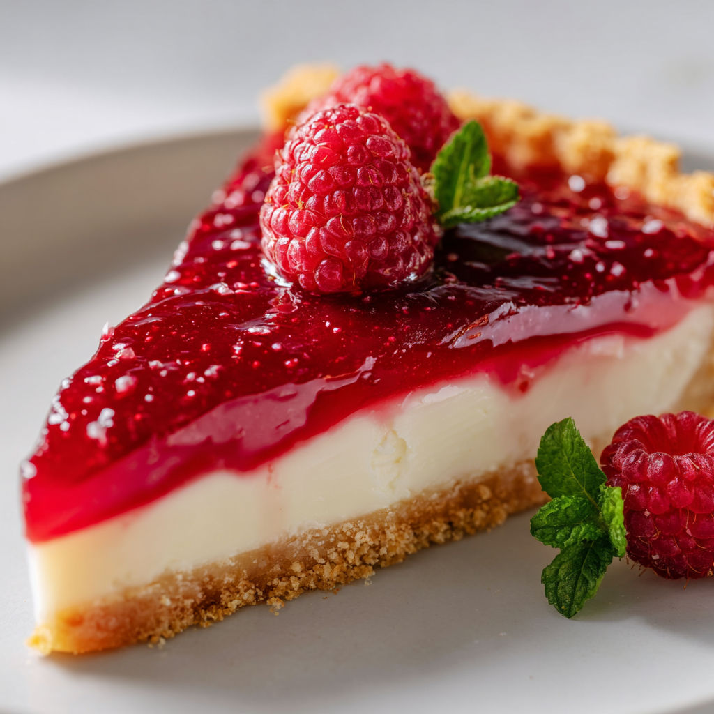 On voit une délicieuse tarte mascarpone framboises servie sur une assiette.