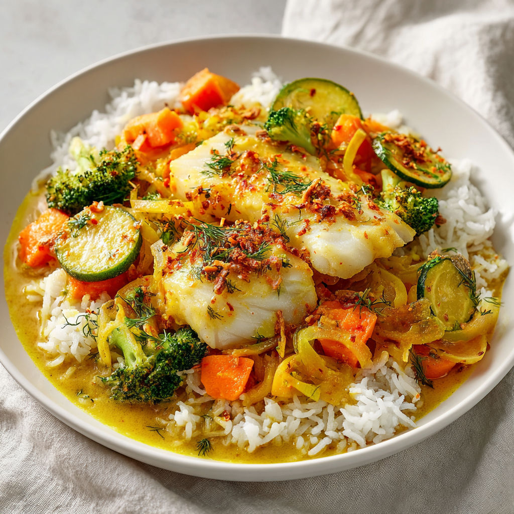 Assiette avec riz, brocoli, carottes et poisson.