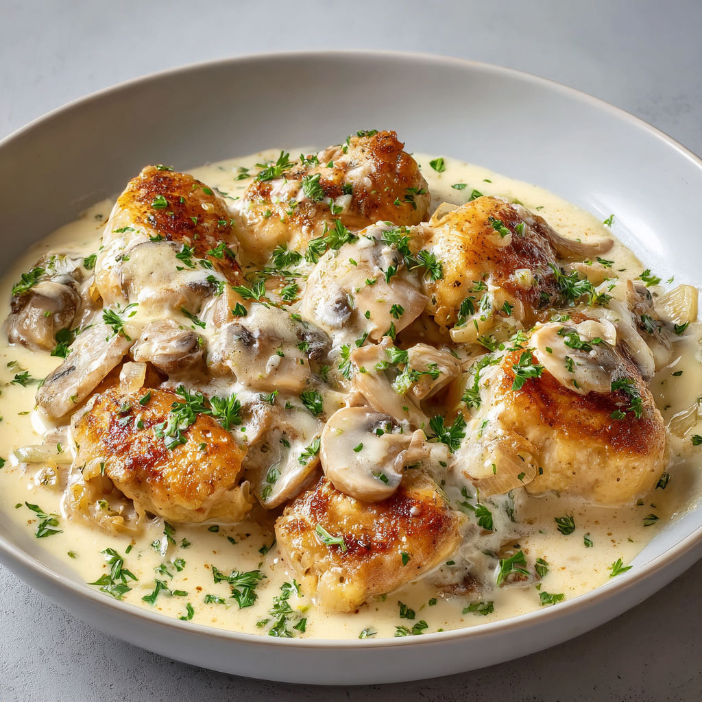 Du poulet nappé d’une sauce crémeuse, parsemé d’herbes, prêt à être dégusté.