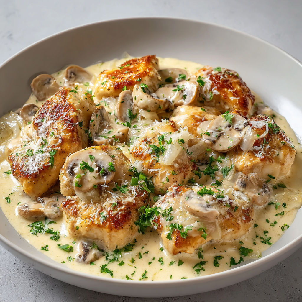 Assiette de poulet nappée de crème, parsemée d’herbes fraîches, juste parfaite sur la table.
