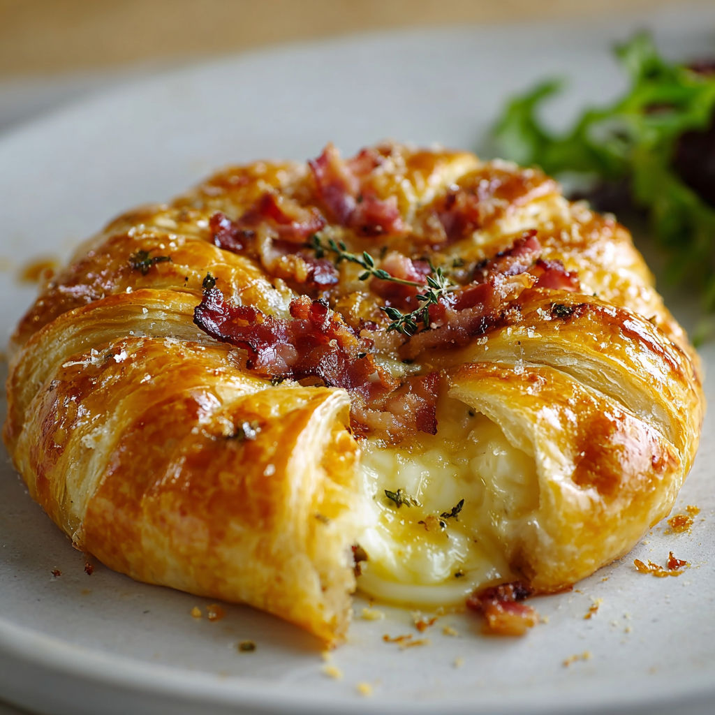 Sur un plateau, découvre un Feuilleté au camembert généreux et lardons gourmands.