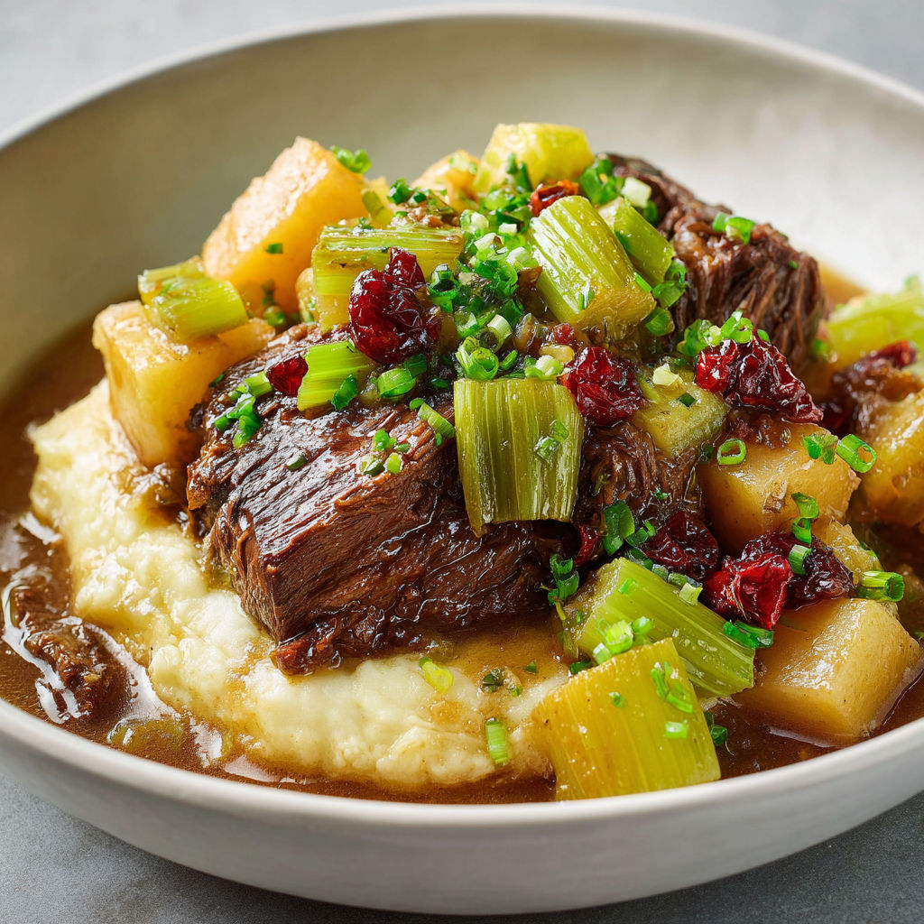 Boeuf braisé savoureux aux deux céleris, servi avec légumes verts et pommes de terre.
