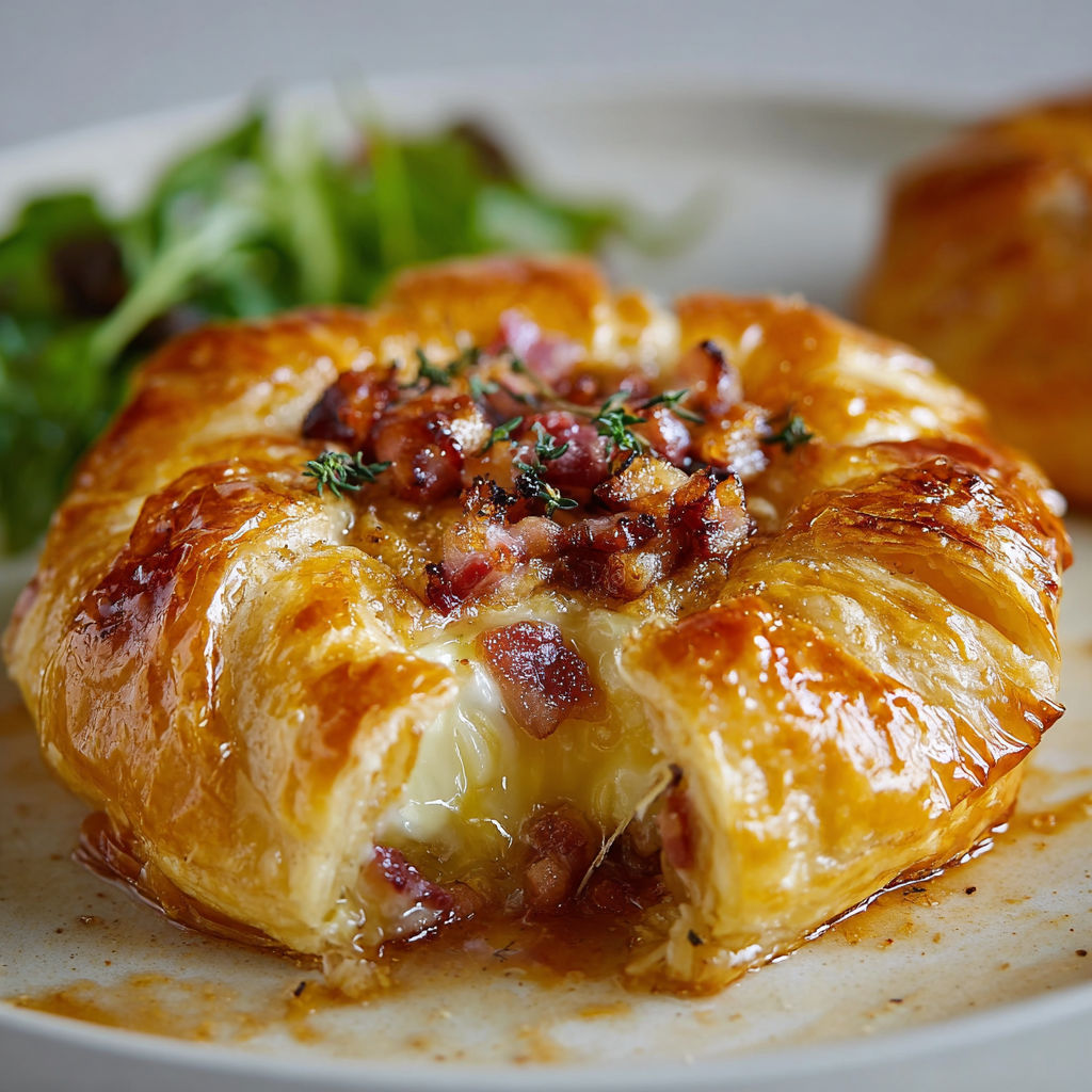 Une tarte salée au fromage et lardons avec salade verte à côté, prête à être dégustée.