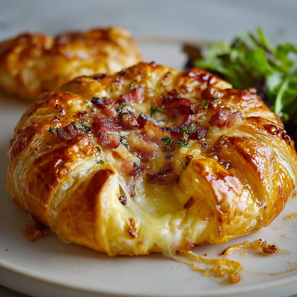 Une tarte au fromage et lardons posée sur un plateau, accompagnée de salade verte croquante.