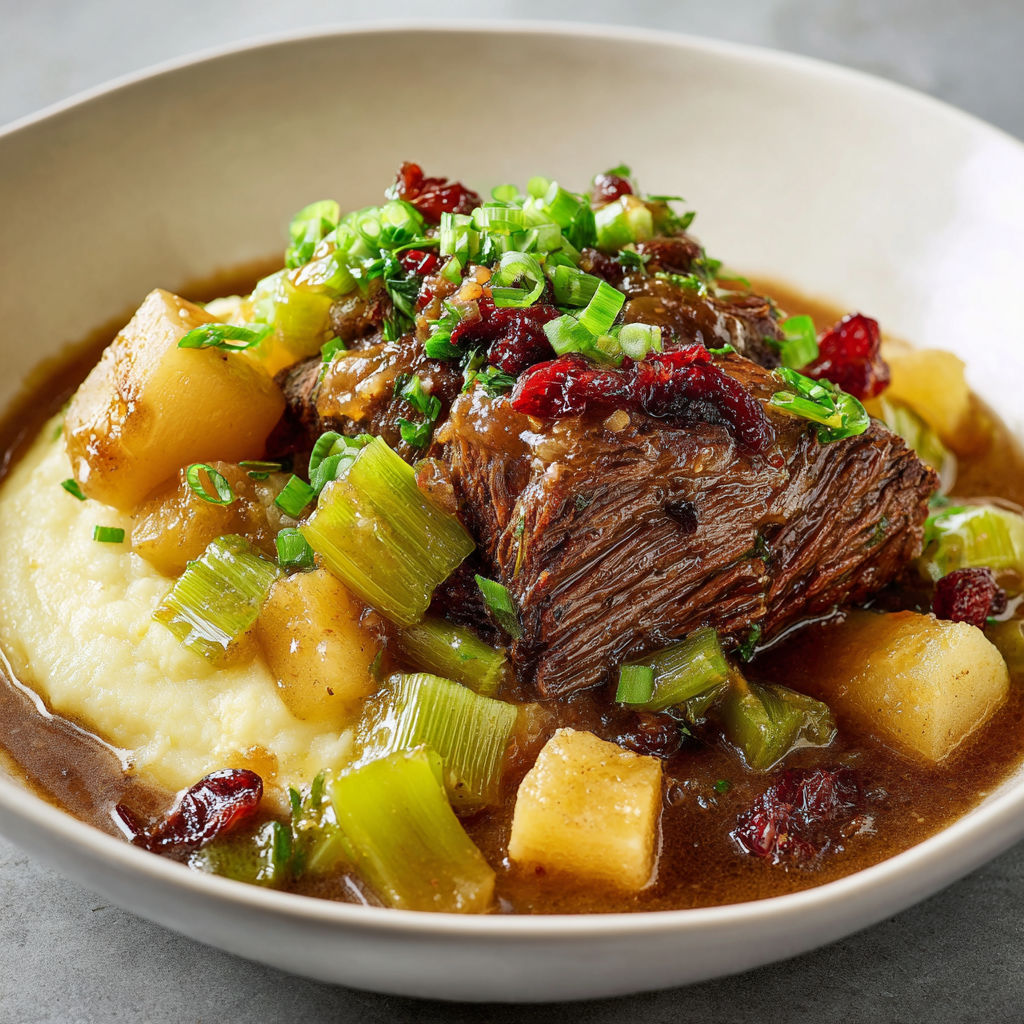 Ragoût de boeuf tendre, légumes verts et purée, servis ensemble.