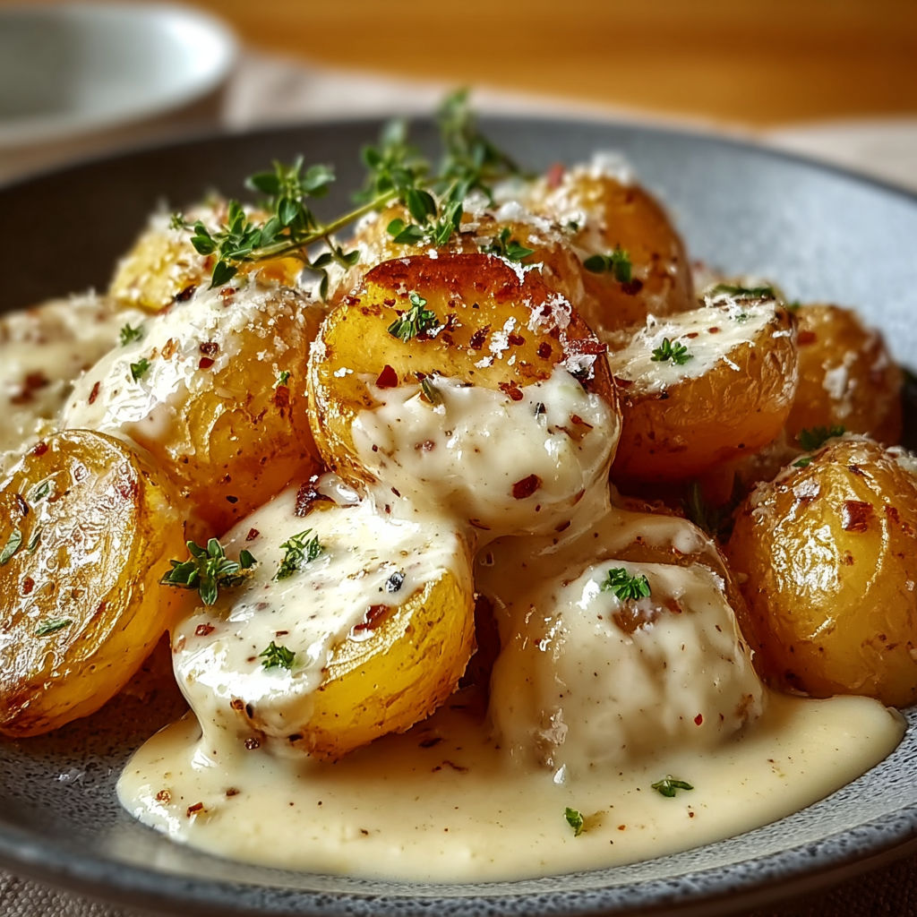 Pommes de terre grenaille bien dorées accompagnées d’une sauce ailée crémeuse et généreuse.