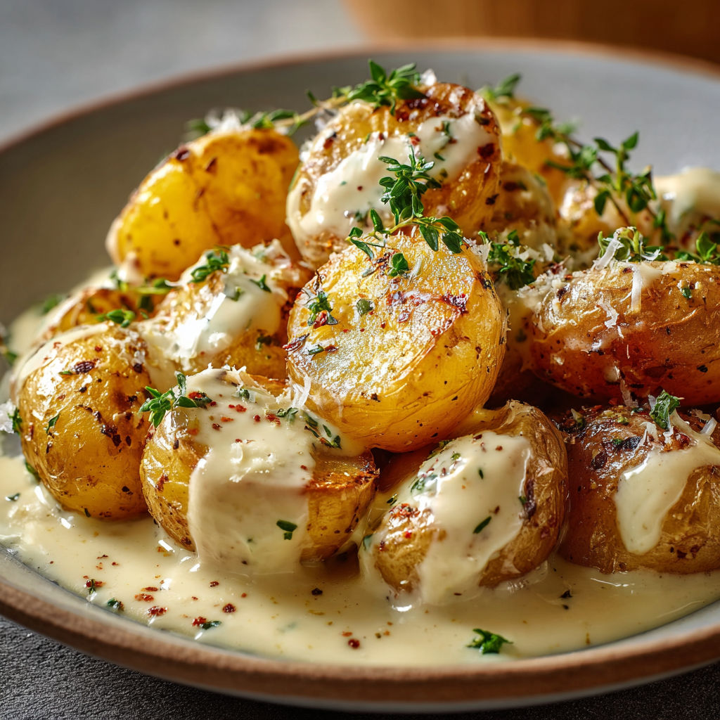 Des petites pommes de terre toutes dorées nappées de crème et d’herbes, servies bien chaudes dans une assiette généreuse.