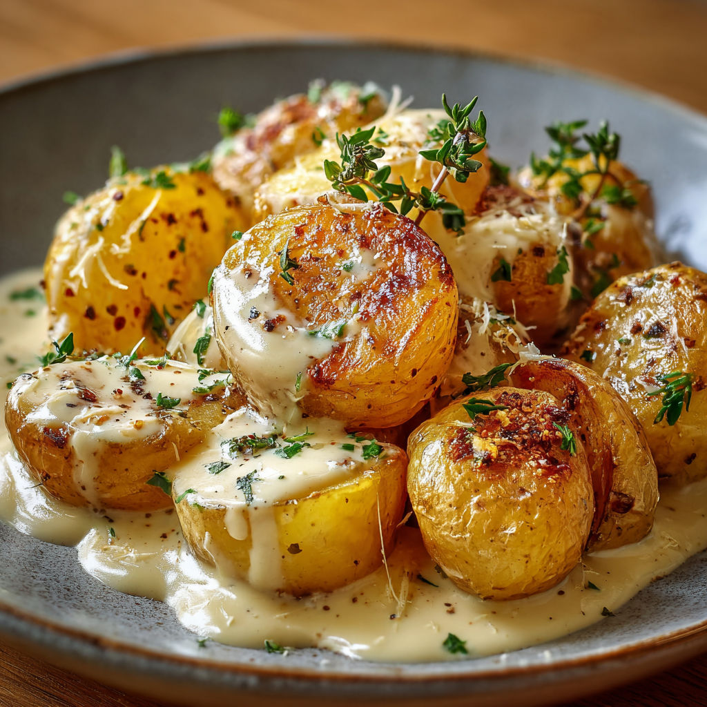 Petites pommes de terre farcies nappées de beurre et d’herbes fraîches.