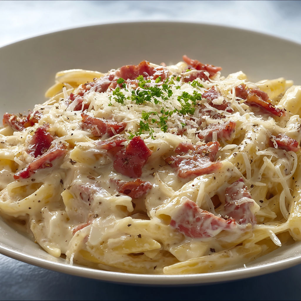 Une belle assiette de pâtes crème et lardons fumés, avec de la sauce blanche et des herbes fraîches dessus.