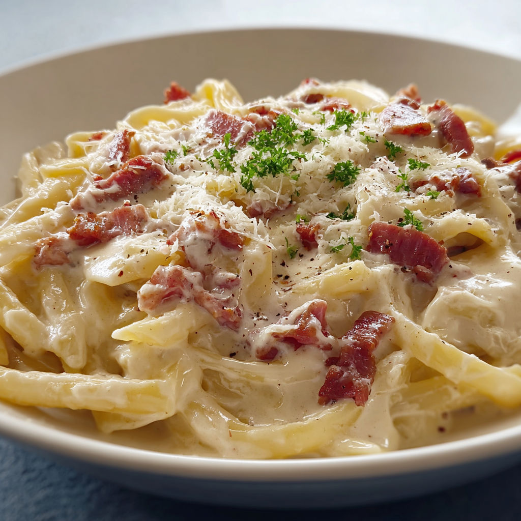 Pâtes crémeuses aux lardons servis avec herbes fraîches et bacon doré.