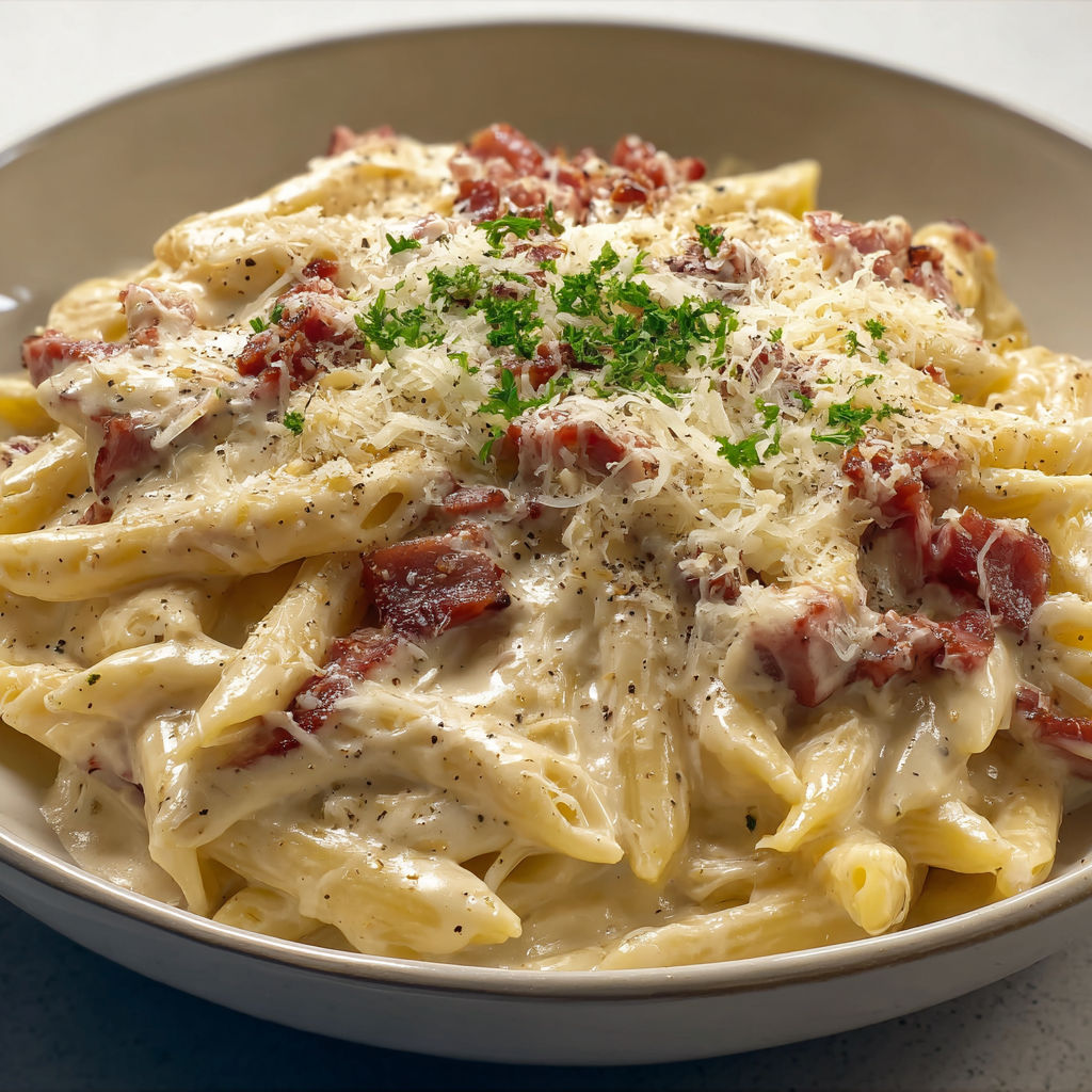 Plat de pâtes crémeuses et lardons, parsemé de fines herbes fraîches.