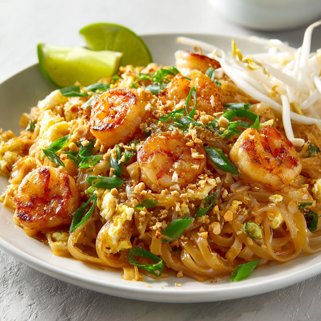 Sur une table, une assiette de pad thaï crevettes pleine de légumes frais et noix de coco attend d’être dégustée.