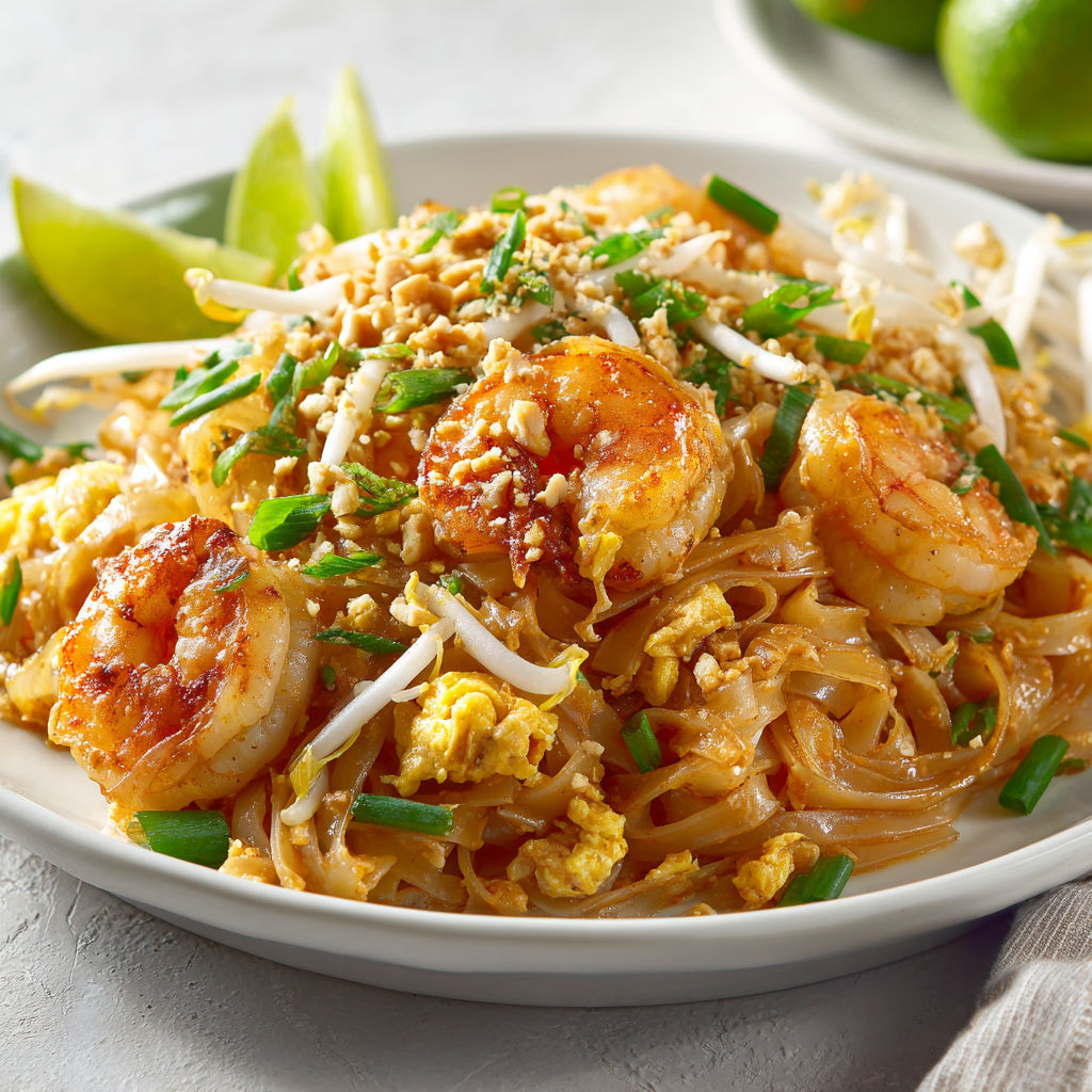 Une belle assiette de pad thaï crevettes avec légumes verts, noix de coco et lime sur la table.