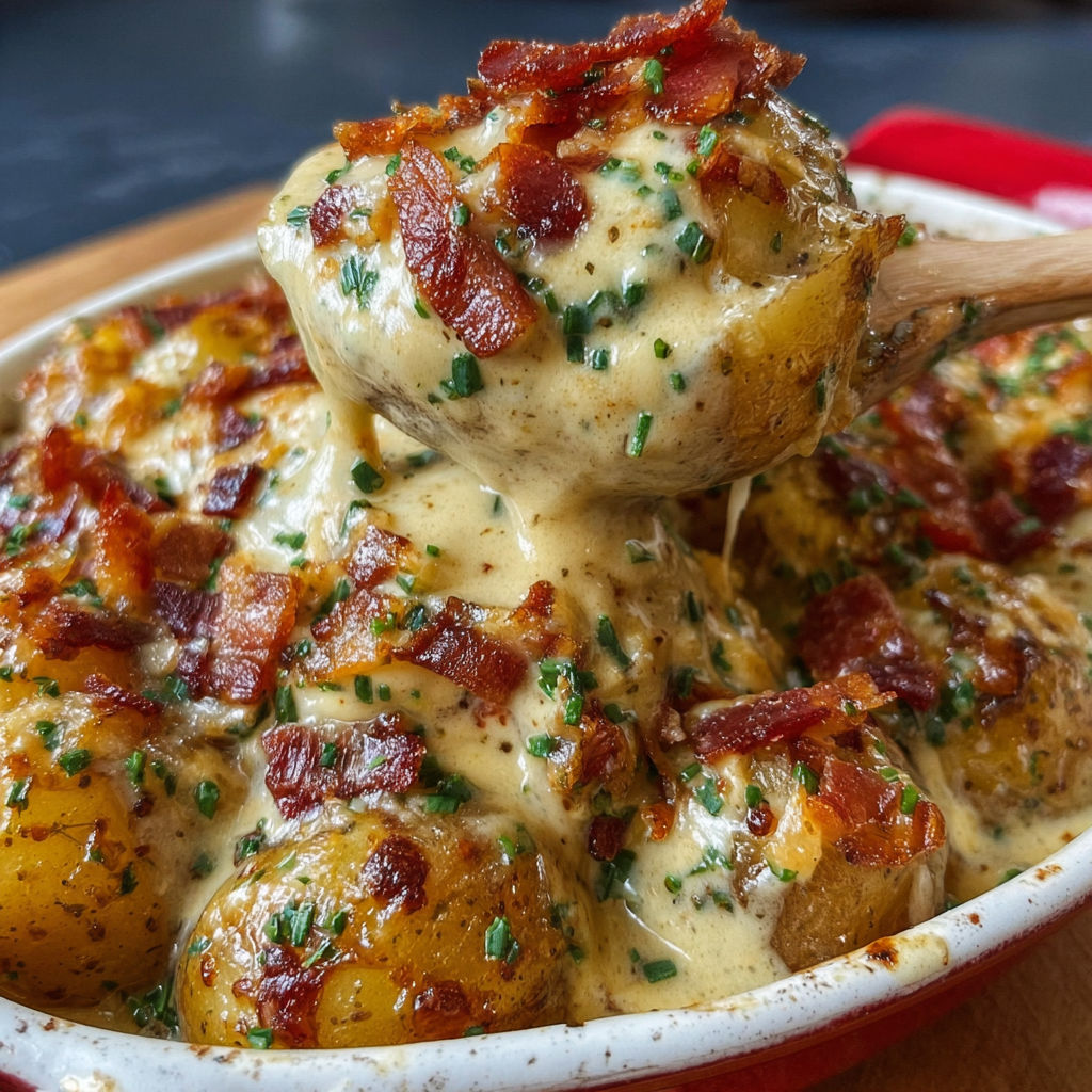 Un joli plat de pommes de terre avec fromage, ail et bacon, posé sur la table prête à servir.