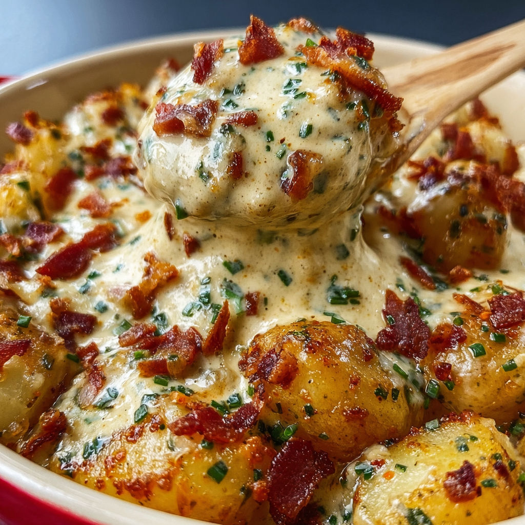 Plat de pommes de terre et bacon nappé de sauce pesto.