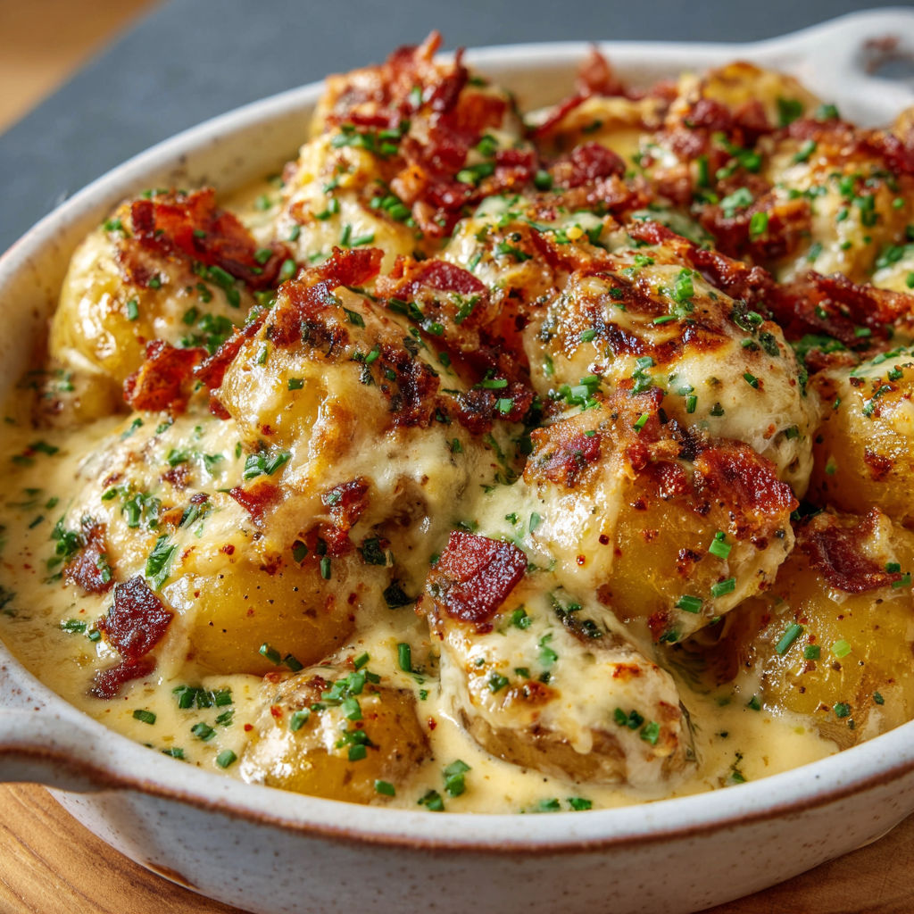 Pommes de terre avec bacon en bol, nappé de sauce crémeuse.