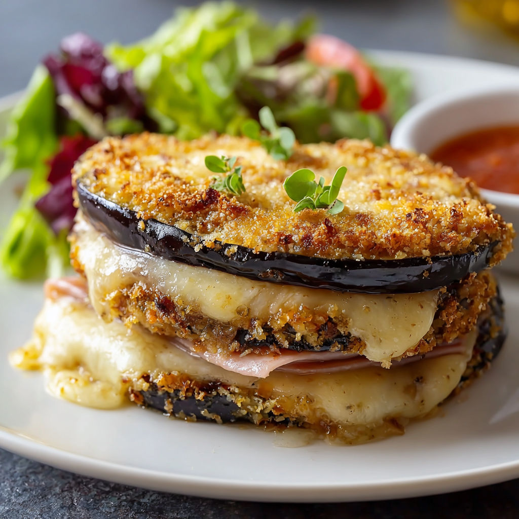 Des aubergines panées façon cordon bleu servies avec une salade verte.