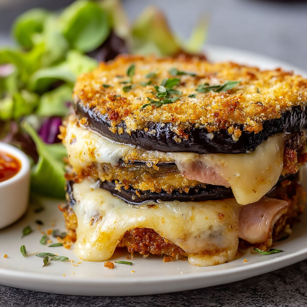 Un sandwich à l’aubergine avec jambon, posé sur une assiette, accompagné de salade croquante.