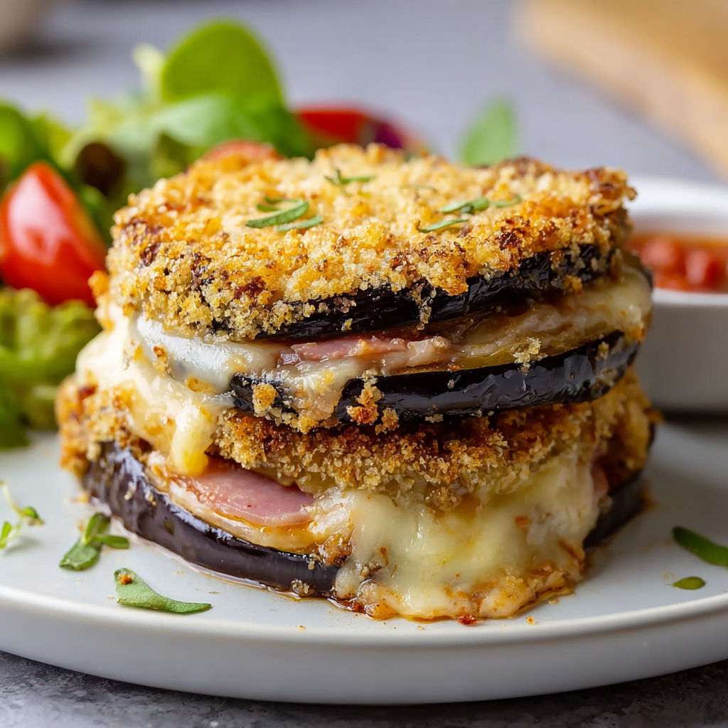 Un sandwich aubergine-fromage-jambon, à côté de tomates et épinards.