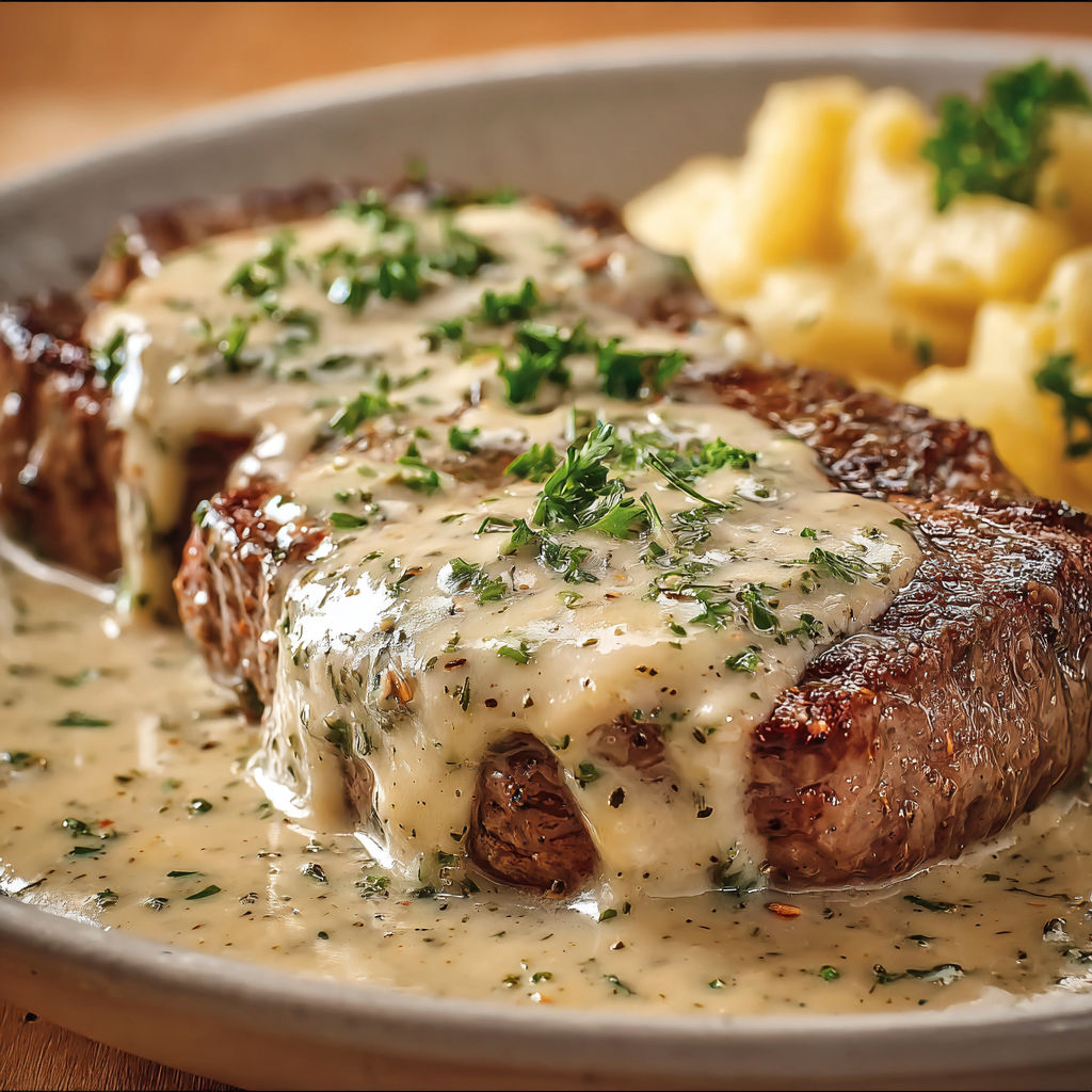 Steak à l'ail crémeux, herbes fraîches et sauce gourmande, parfait pour se faire plaisir.